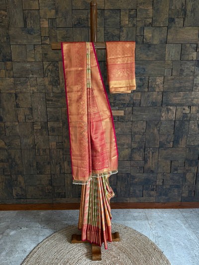 Gold Kanjivaram Silk Saree with Pink Zari Border