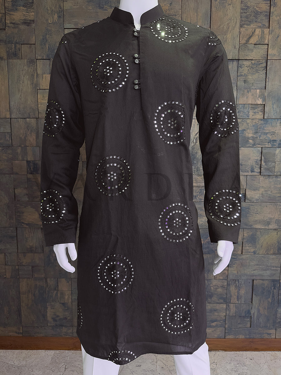 Black Embroidered Kurta with Thread and Mirror Work