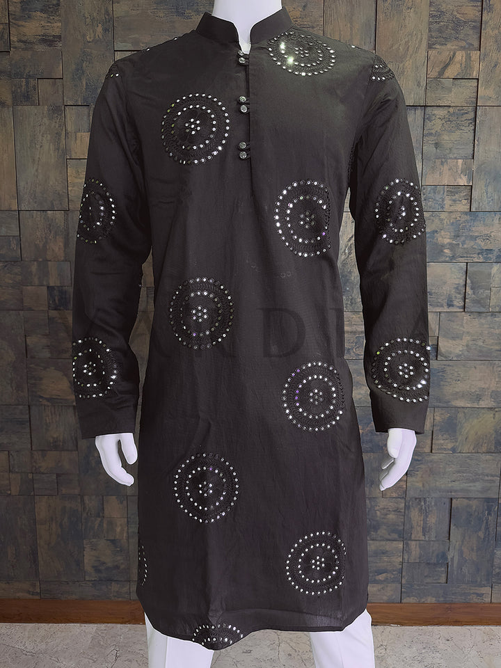 Black Embroidered Kurta with Thread and Mirror Work