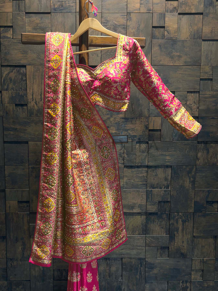 Pink & Yellow Viscose Saree | Patola-Gaji Embroidery with Zarkan Work