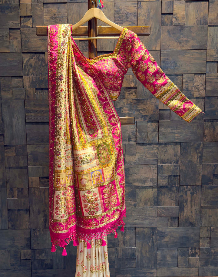 Cream & Pink Viscose Saree | Mughal Jharokha Embroidery with Zarkan Work