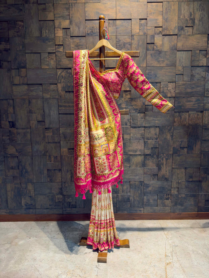 Cream & Pink Viscose Saree | Mughal Jharokha Embroidery with Zarkan Work