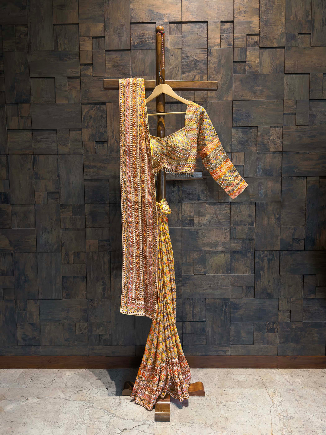 Mustard Viscose Kutch Embroidery Saree with Mirror Work