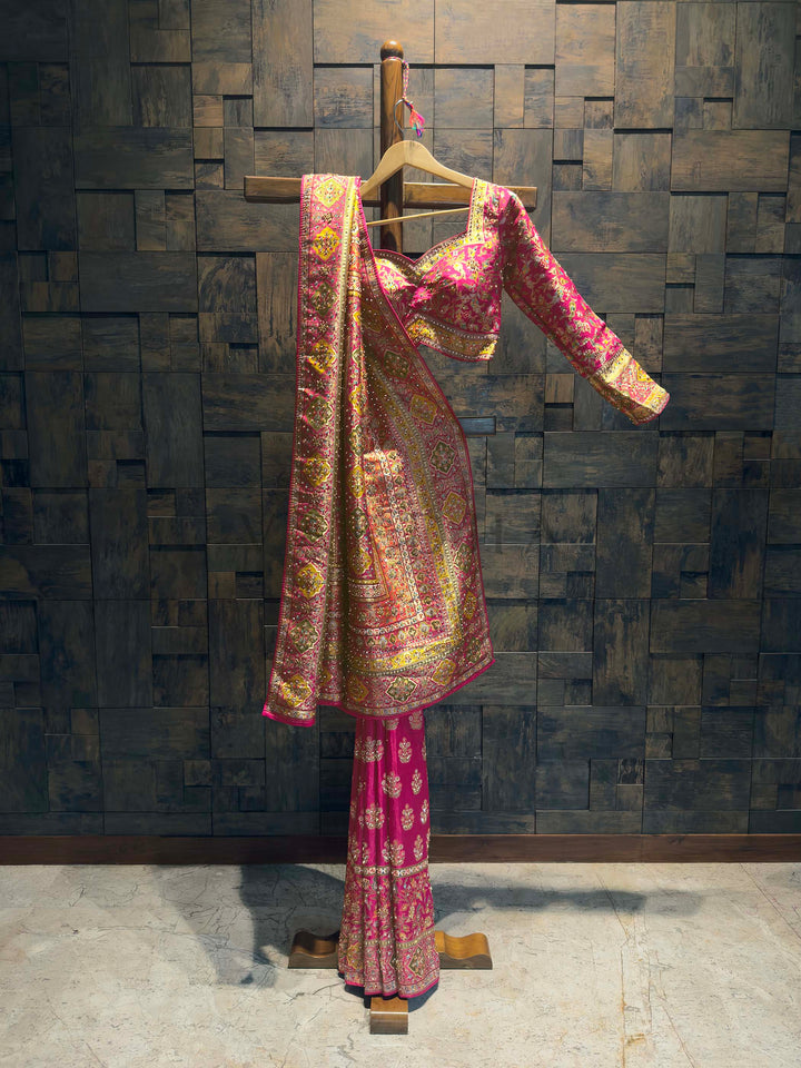 Pink & Yellow Viscose Saree | Patola-Gaji Embroidery with Zarkan Work