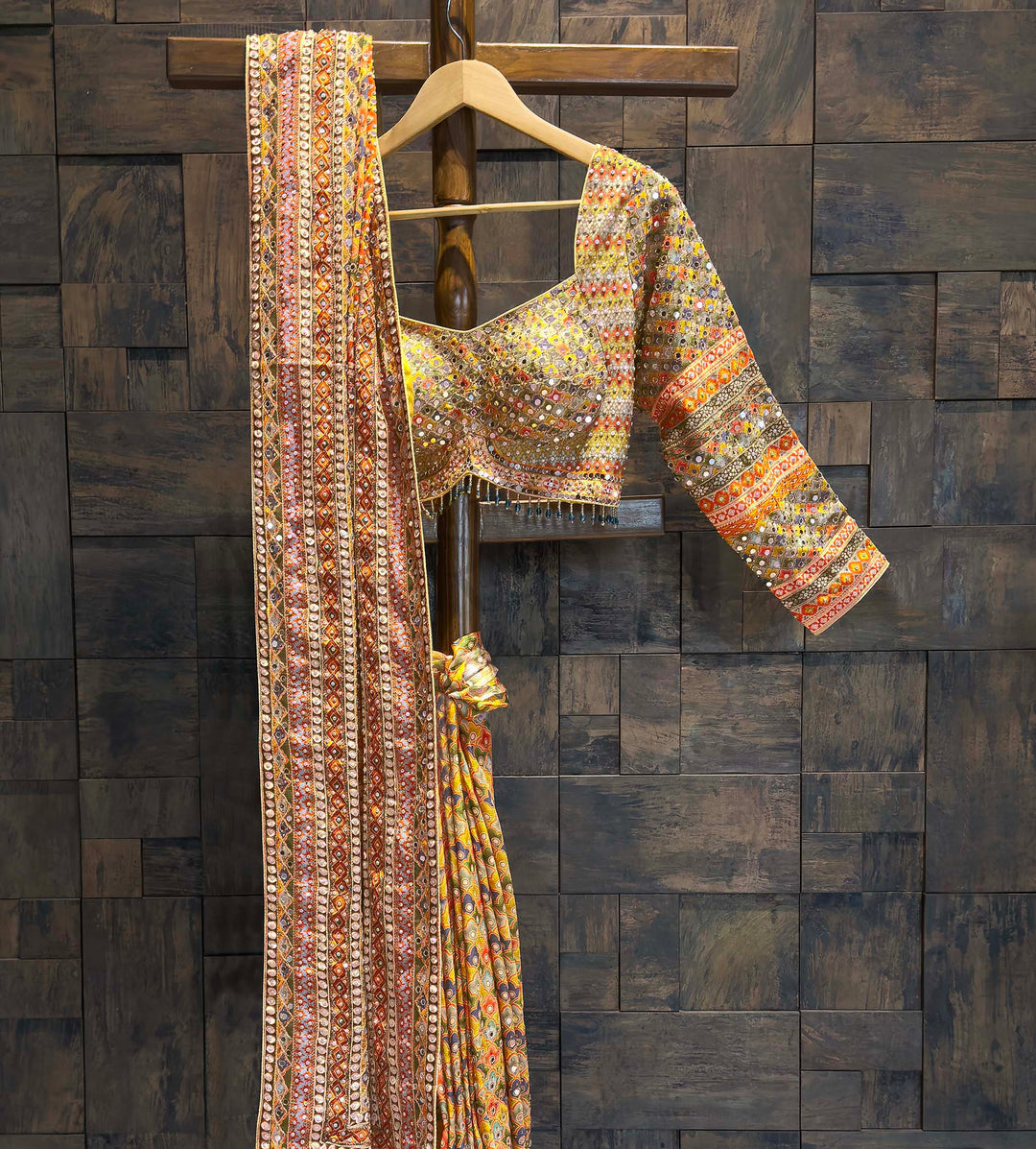 Mustard Viscose Kutch Embroidery Saree with Mirror Work