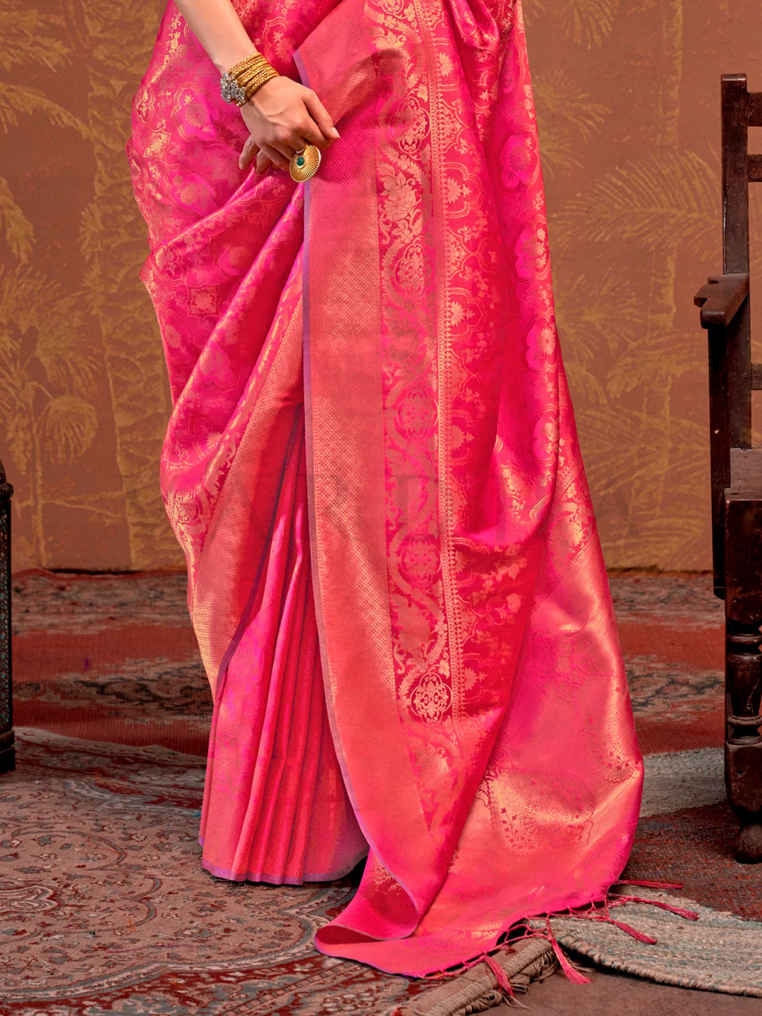 Rani Pink Kanjivaram Silk Saree with Woven Zari Work