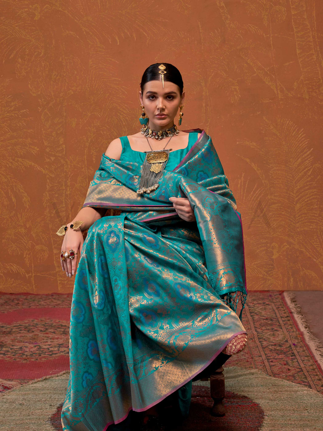 Peacock Blue Kanjivaram Silk Saree with Woven Zari Work