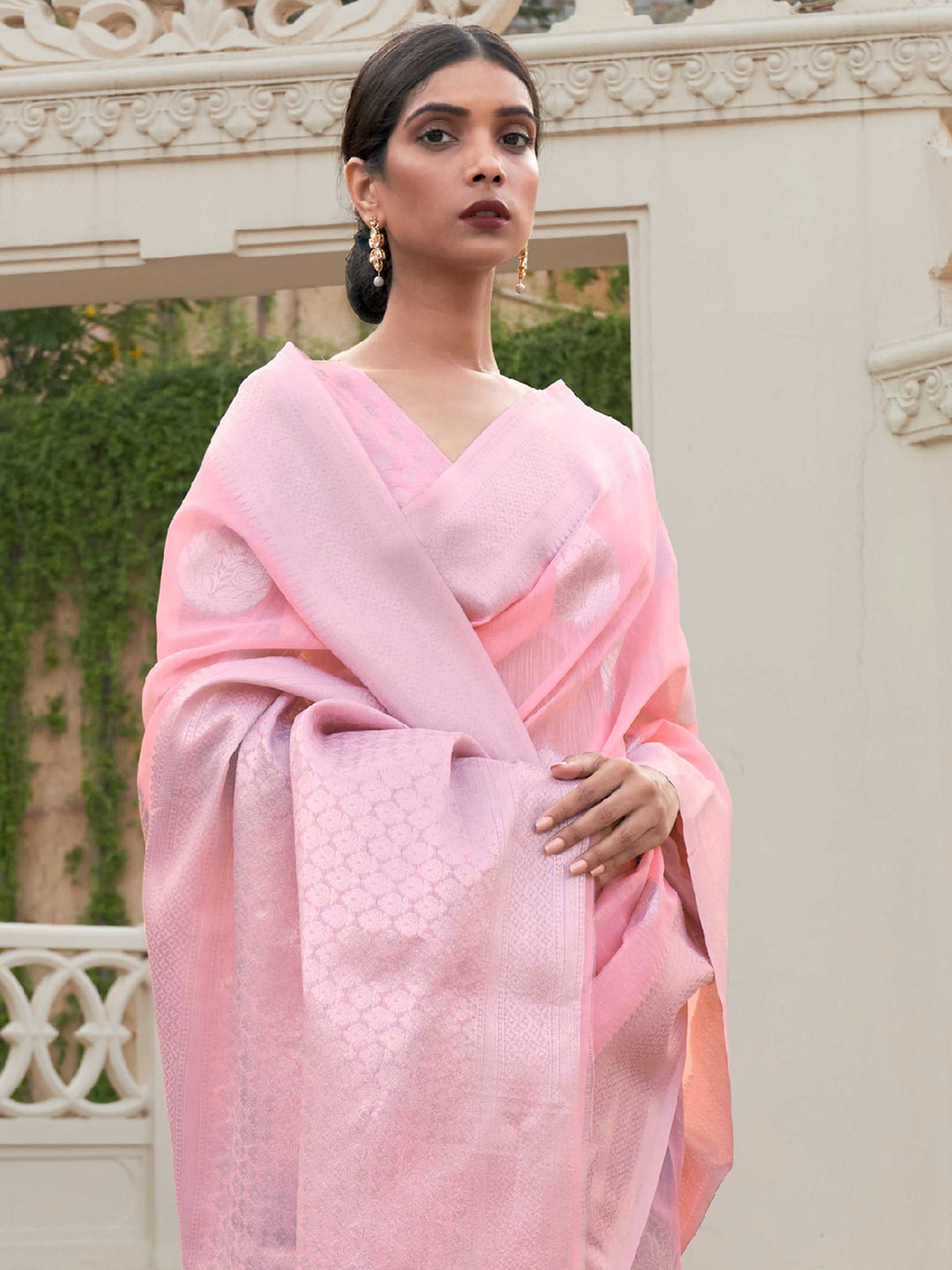 This Blush Pink–Silver Linen saree features refined woven floral motifs, perfect for haldi mornings, pooja rituals, and cultural celebrations. Crafted for breathable elegance and timeless grace. SKU 216002. This Blush Pink–Silver Linen saree features refined woven floral motifs, perfect for haldi mornings, pooja rituals, and cultural celebrations. Crafted for breathable elegance and timeless grace. SKU 216002.