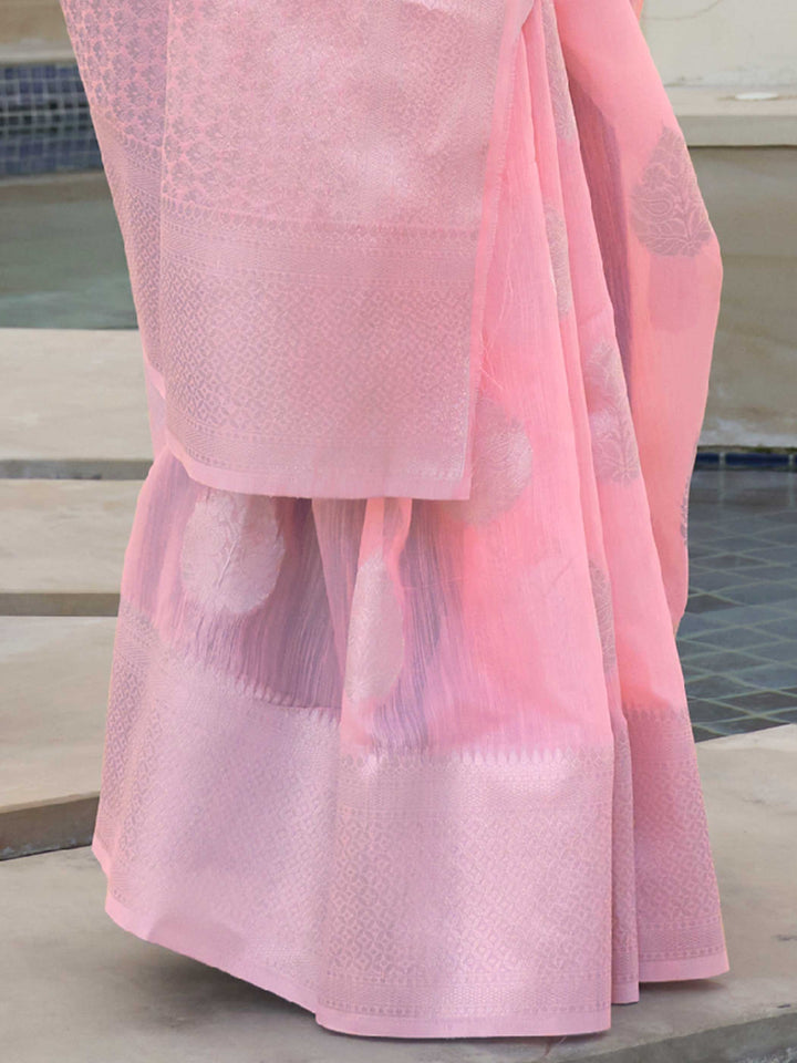 This Blush Pink–Silver Linen saree features refined woven floral motifs, perfect for haldi mornings, pooja rituals, and cultural celebrations. Crafted for breathable elegance and timeless grace. SKU 216002. This Blush Pink–Silver Linen saree features refined woven floral motifs, perfect for haldi mornings, pooja rituals, and cultural celebrations. Crafted for breathable elegance and timeless grace. SKU 216002.