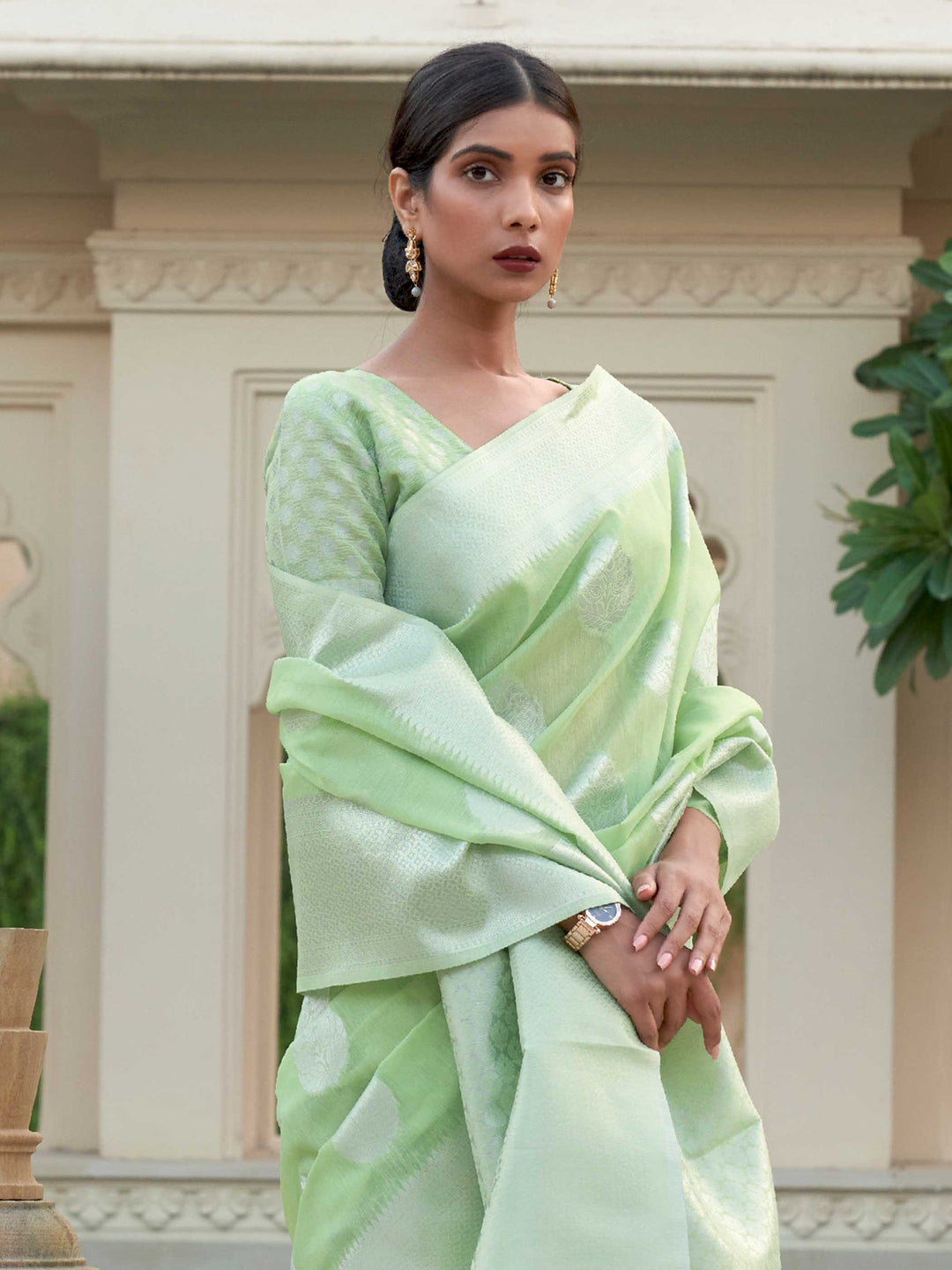 This Pista Green–Silver Linen saree features refined woven floral motifs, perfect for haldi mornings, pooja rituals, and cultural celebrations. Crafted for breathable elegance and timeless grace. SKU 216004. This Pista Green–Silver Linen saree features refined woven floral motifs, perfect for haldi mornings, pooja rituals, and cultural celebrations. Crafted for breathable elegance and timeless grace. SKU 216004.