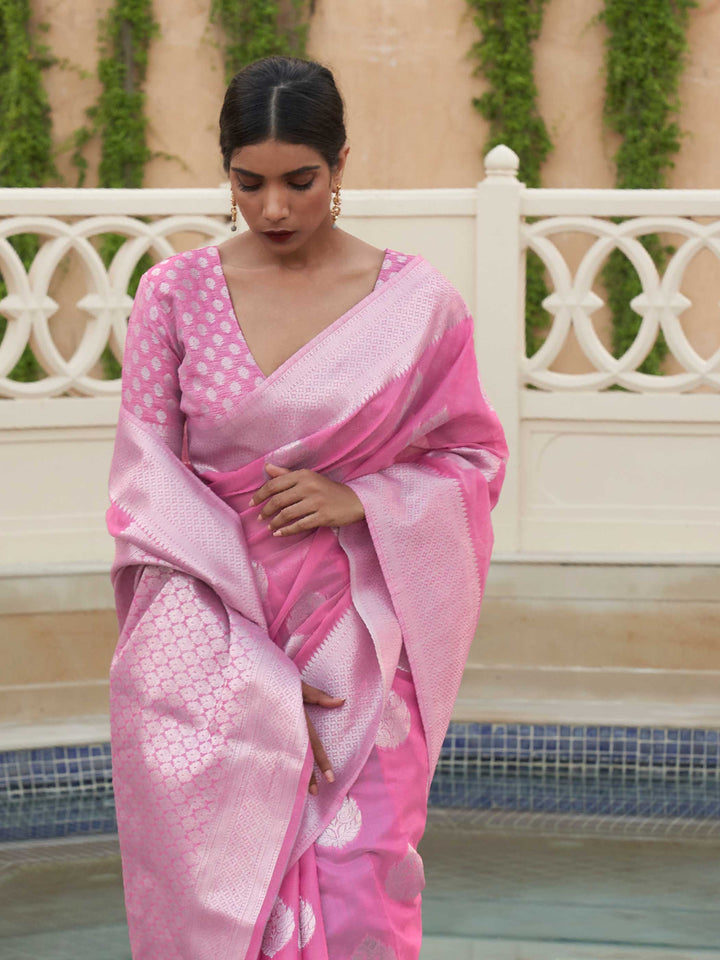 This Rose Pink–Silver Linen saree features refined woven floral motifs, perfect for haldi mornings, pooja rituals, and cultural celebrations. Crafted for breathable elegance and timeless grace. SKU 216005. This Rose Pink–Silver Linen saree features refined woven floral motifs, perfect for haldi mornings, pooja rituals, and cultural celebrations. Crafted for breathable elegance and timeless grace. SKU 216005.