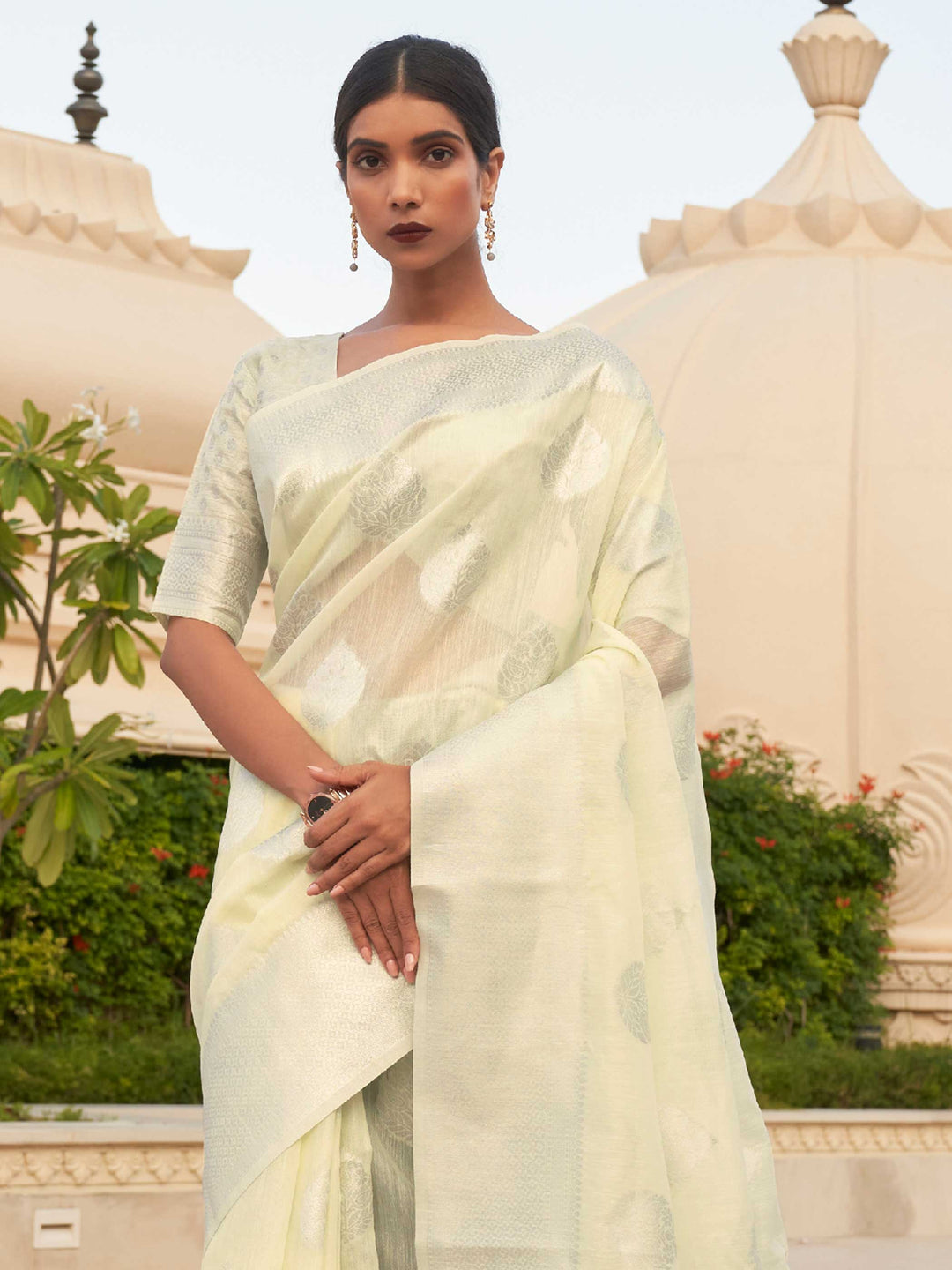 This Ivory White–Silver Linen saree features refined woven floral motifs, perfect for haldi mornings, pooja rituals, and cultural celebrations. Crafted for breathable elegance and timeless grace. SKU 216006. This Ivory White–Silver Linen saree features refined woven floral motifs, perfect for haldi mornings, pooja rituals, and cultural celebrations. Crafted for breathable elegance and timeless grace. SKU 216006.