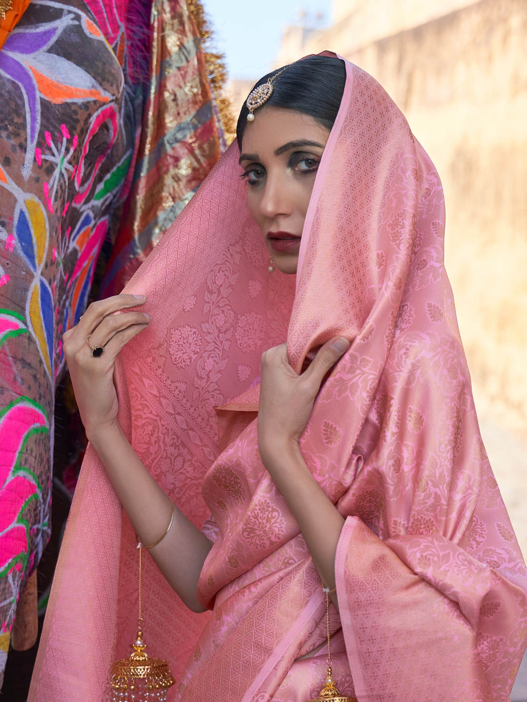 kanjivaram silk saree rose pink saree woven zari silk festive wear saree sangeet saree traditional silk saree party wear silk