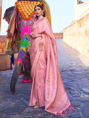 Rose Pink Kanjivaram Silk Saree with golden zari, traditional motif pallu, festive wear highlight. Lustrous silk rose pink saree with golden detailing, ideal for traditional weddings or poojas.