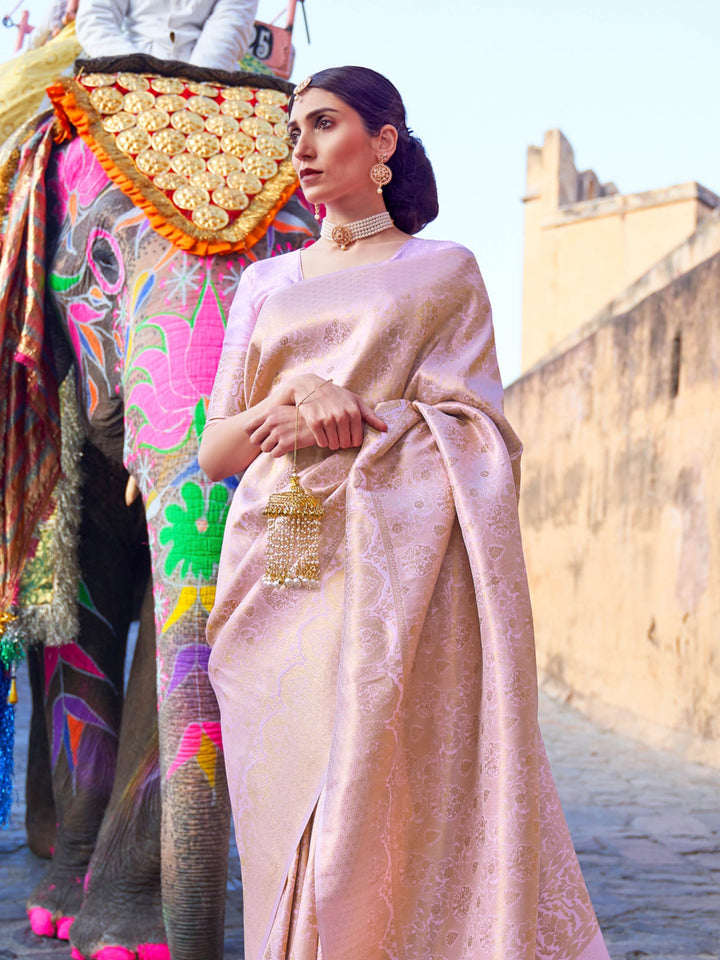 Graceful Beige–Gold ethnic saree with soft kanjivaram texture for traditional events. Zari detailed silk saree in Beige–Gold, styled for day weddings and sangeet functions.