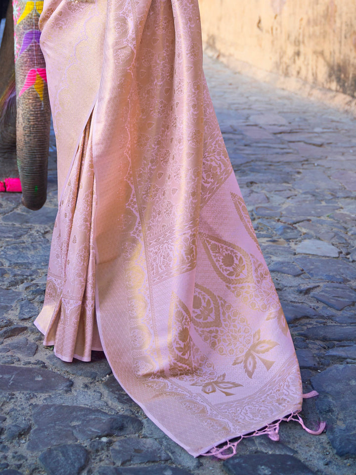 Traditional silk weave with gold accents across Beige–Gold body and pallu. Elegant Beige–Gold saree in kanjivaram silk for poojas and family celebrations.