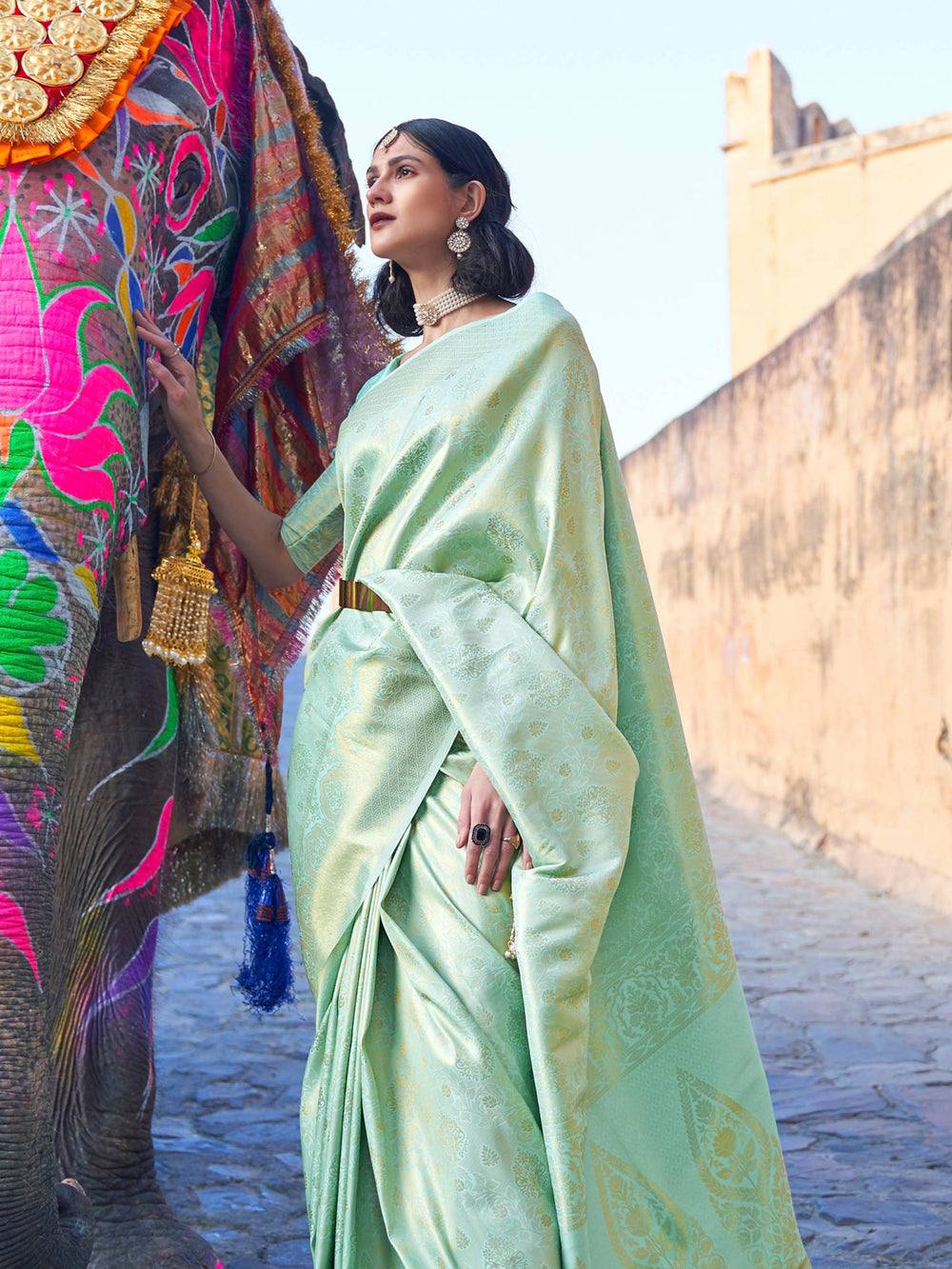 Graceful Sea Green–Gold ethnic saree with soft kanjivaram texture for traditional events. Zari detailed silk saree in Sea Green–Gold, styled for day weddings and sangeet functions.