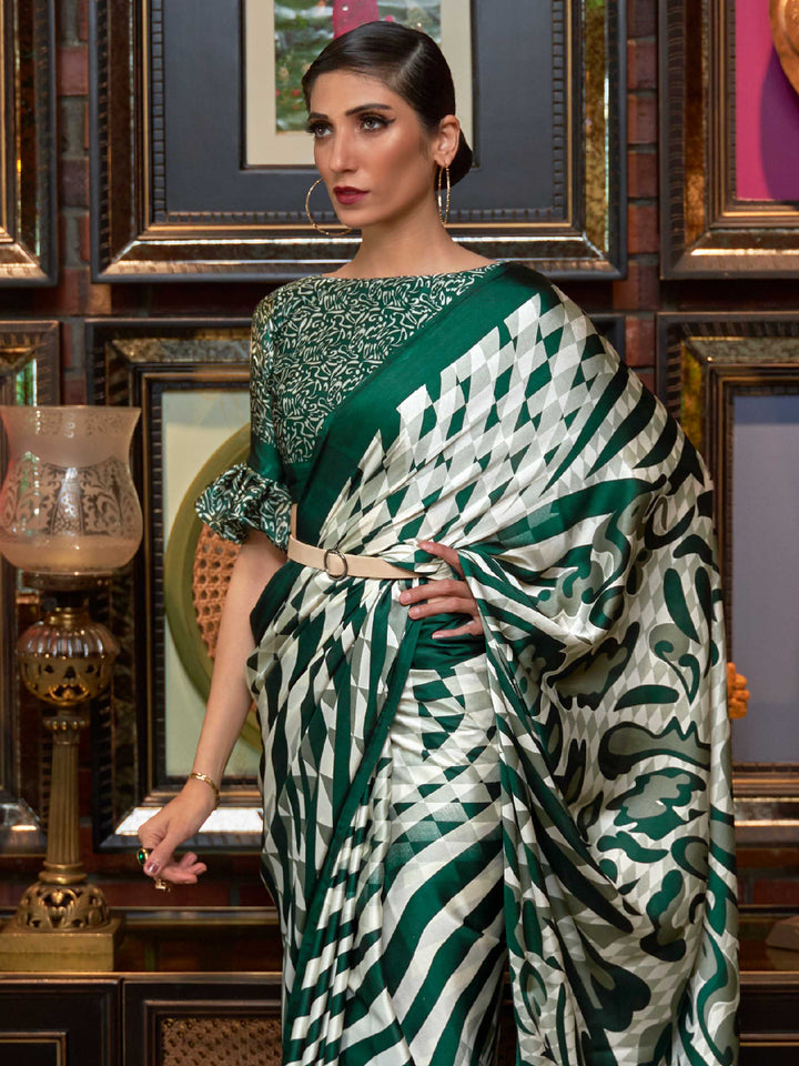 Brunswick Green Crepe Saree with Digital Print