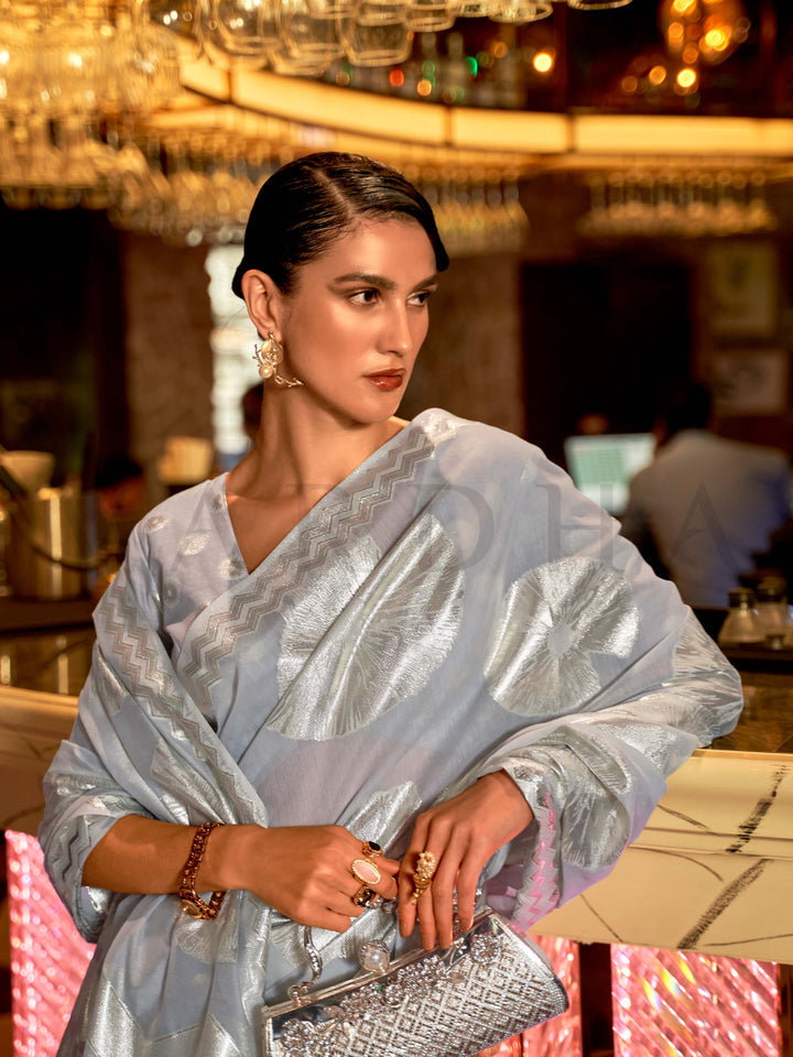 organza saree sheer saree silver motif saree lightweight drape feather feel saree cocktail party saree silver organza organza for reception trendy organza saree pastel saree for haldi statement saree for shoots minimalist ethnic wear partywear saree designer saree online modern bridal saree pastel ethnic wear translucent saree elegant wedding saree satin-organza finish organza with woven motifs