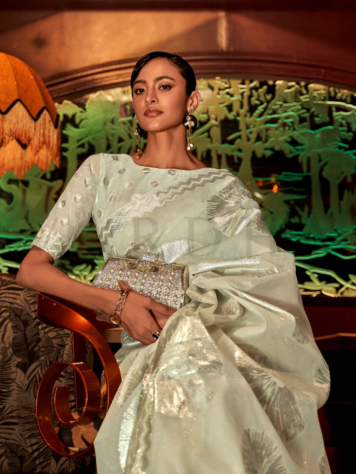 organza saree sheer saree silver motif saree lightweight drape feather feel saree cocktail party saree silver organza organza for reception trendy organza saree pastel saree for haldi statement saree for shoots minimalist ethnic wear partywear saree designer saree online modern bridal saree pastel ethnic wear translucent saree elegant wedding saree satin-organza finish organza with woven motifs