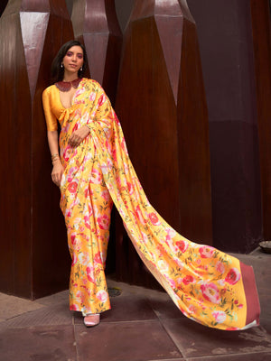 This Sunset Yellow–Pink Satin Crepe saree showcases stunning digital floral print that enhances its party-ready drape. Digitally crafted floral elegance for day-to-night ethnic wear. SKU 260001. This Sunset Yellow–Pink Satin Crepe saree showcases stunning digital floral print that enhances its party-ready drape. Digitally crafted floral elegance for day-to-night ethnic wear. SKU 260001.
