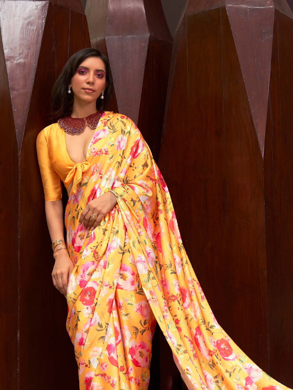 This Sunset Yellow–Pink Satin Crepe saree showcases stunning digital floral print that enhances its party-ready drape. Digitally crafted floral elegance for day-to-night ethnic wear. SKU 260001. This Sunset Yellow–Pink Satin Crepe saree showcases stunning digital floral print that enhances its party-ready drape. Digitally crafted floral elegance for day-to-night ethnic wear. SKU 260001.