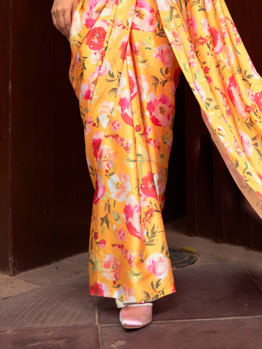 This Sunset Yellow–Pink Satin Crepe saree showcases stunning digital floral print that enhances its party-ready drape. Digitally crafted floral elegance for day-to-night ethnic wear. SKU 260001. This Sunset Yellow–Pink Satin Crepe saree showcases stunning digital floral print that enhances its party-ready drape. Digitally crafted floral elegance for day-to-night ethnic wear. SKU 260001.