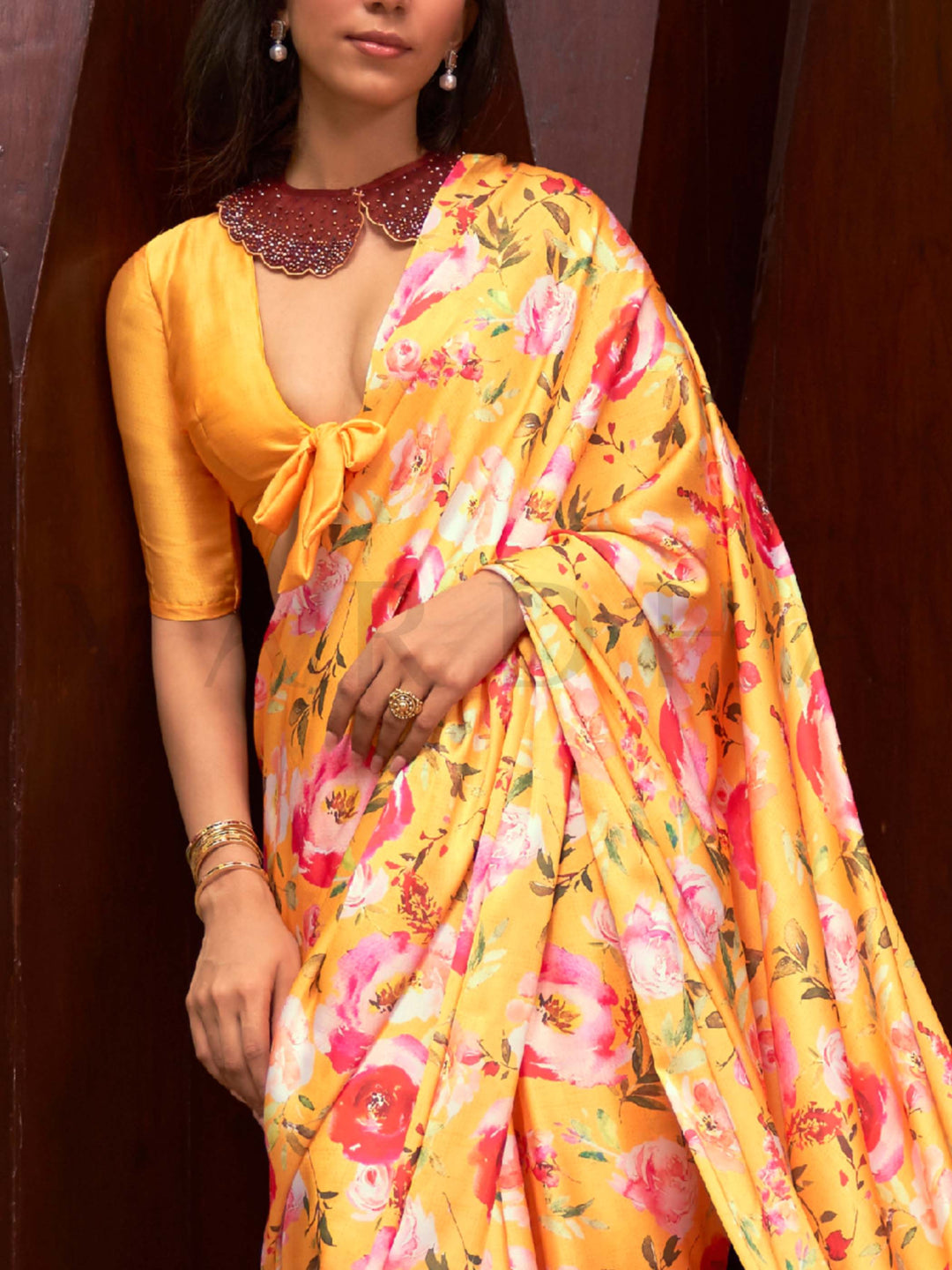 This Sunset Yellow–Pink Satin Crepe saree showcases stunning digital floral print that enhances its party-ready drape. Digitally crafted floral elegance for day-to-night ethnic wear. SKU 260001. This Sunset Yellow–Pink Satin Crepe saree showcases stunning digital floral print that enhances its party-ready drape. Digitally crafted floral elegance for day-to-night ethnic wear. SKU 260001.