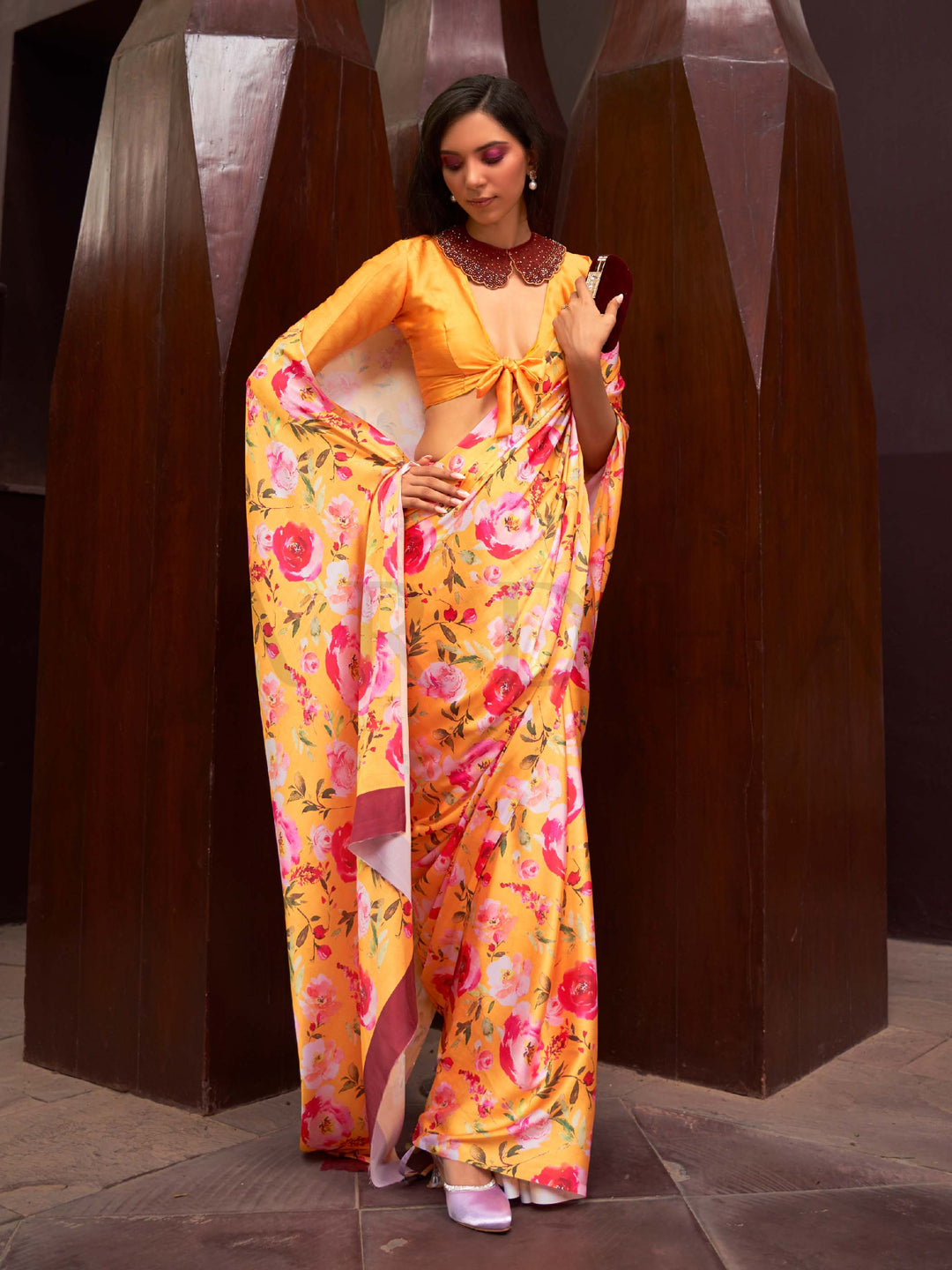 printed saree floral crepe saree satin crepe saree lightweight festive saree digital print saree saree for haldi day function saree modern mehendi saree brunch saree stylish ethnic saree pastel saree online trending floral drape organza look print saree fluid satin saree vibrant saree with floral design crepe saree under 3000 satin saree for wedding guests trendy partywear saree saree for young bridesmaids contemporary floral saree
