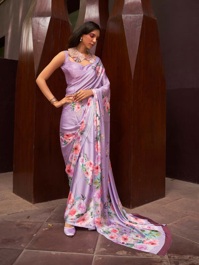 This Lavender–Blush Satin Crepe saree showcases stunning digital floral print that enhances its party-ready drape. Digitally crafted floral elegance for day-to-night ethnic wear. SKU 260003. This Lavender–Blush Satin Crepe saree showcases stunning digital floral print that enhances its party-ready drape. Digitally crafted floral elegance for day-to-night ethnic wear. SKU 260003.