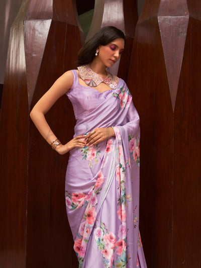This Lavender–Blush Satin Crepe saree showcases stunning digital floral print that enhances its party-ready drape. Digitally crafted floral elegance for day-to-night ethnic wear. SKU 260003. This Lavender–Blush Satin Crepe saree showcases stunning digital floral print that enhances its party-ready drape. Digitally crafted floral elegance for day-to-night ethnic wear. SKU 260003.