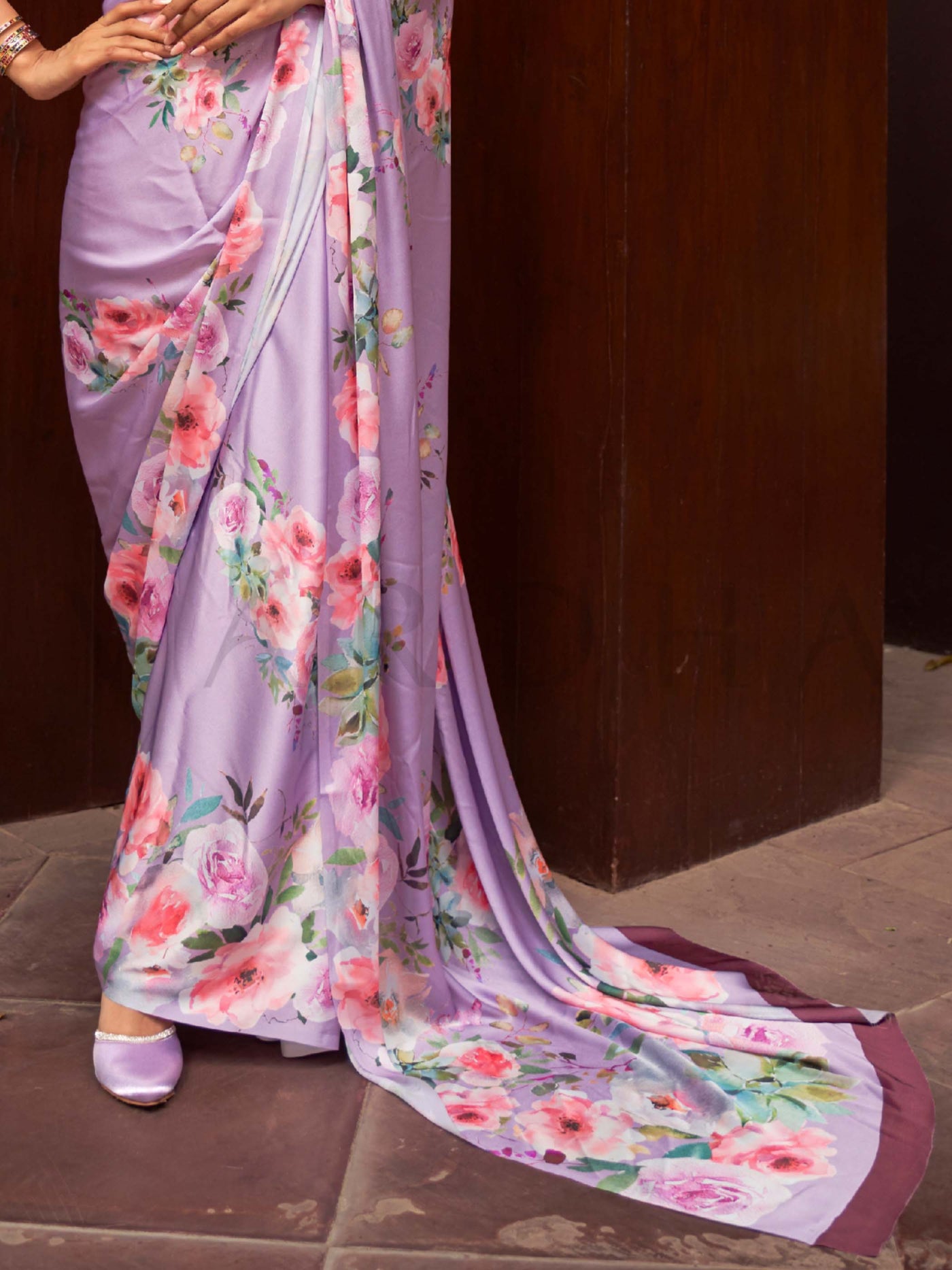 This Lavender–Blush Satin Crepe saree showcases stunning digital floral print that enhances its party-ready drape. Digitally crafted floral elegance for day-to-night ethnic wear. SKU 260003. This Lavender–Blush Satin Crepe saree showcases stunning digital floral print that enhances its party-ready drape. Digitally crafted floral elegance for day-to-night ethnic wear. SKU 260003.