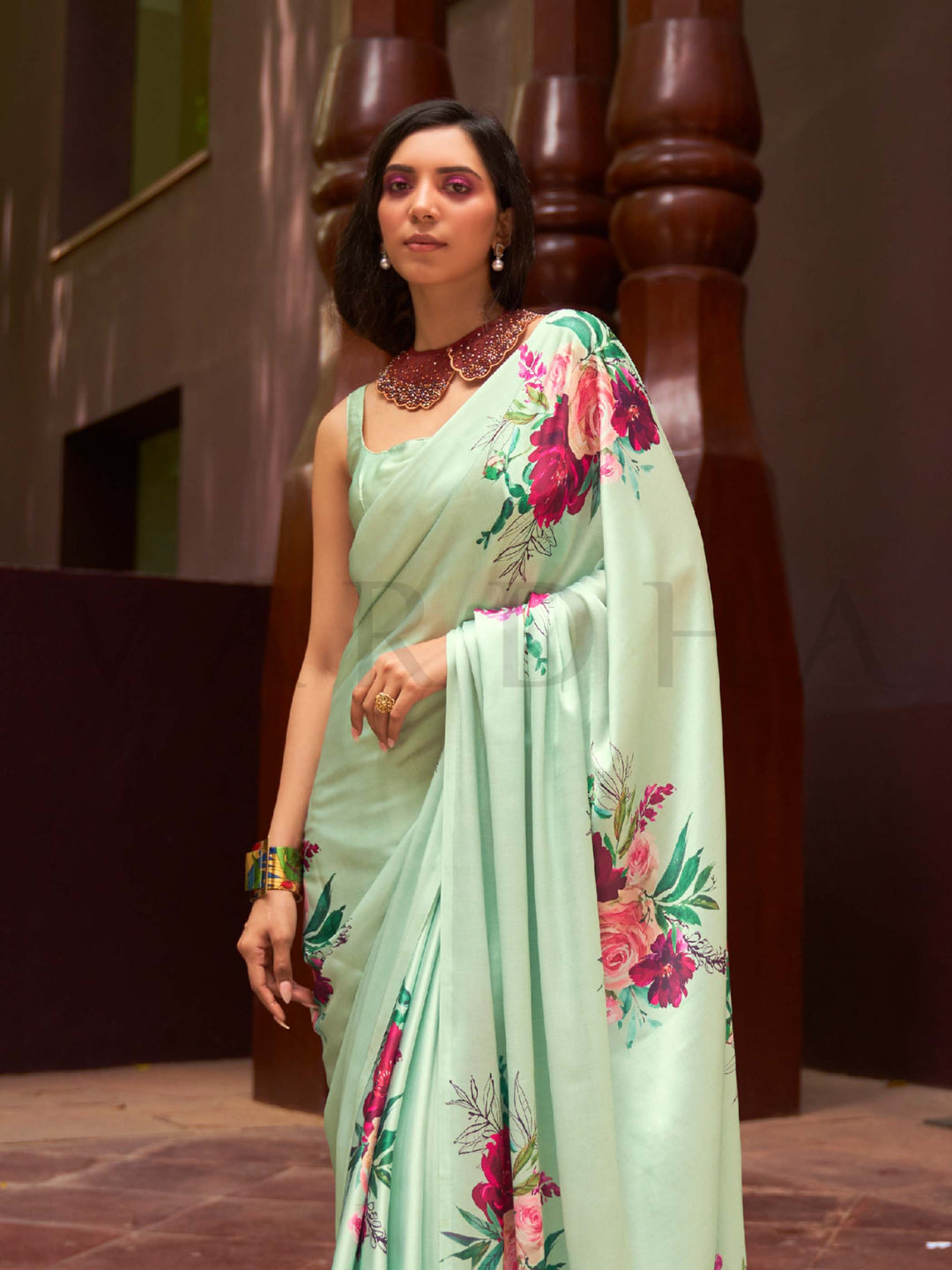 This Mint Green–Fuchsia Satin Crepe saree showcases stunning digital floral print that enhances its party-ready drape. Digitally crafted floral elegance for day-to-night ethnic wear. SKU 260005. This Mint Green–Fuchsia Satin Crepe saree showcases stunning digital floral print that enhances its party-ready drape. Digitally crafted floral elegance for day-to-night ethnic wear. SKU 260005.