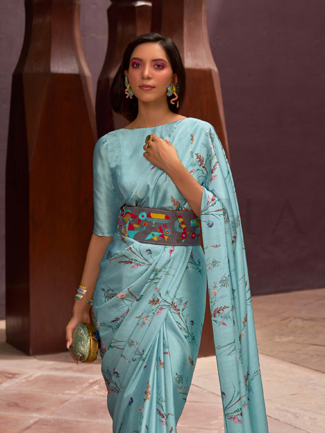 This Ice Blue–Multi Satin Crepe saree showcases stunning digital floral print that enhances its party-ready drape. Digitally crafted floral elegance for day-to-night ethnic wear. SKU 260006. This Ice Blue–Multi Satin Crepe saree showcases stunning digital floral print that enhances its party-ready drape. Digitally crafted floral elegance for day-to-night ethnic wear. SKU 260006.
