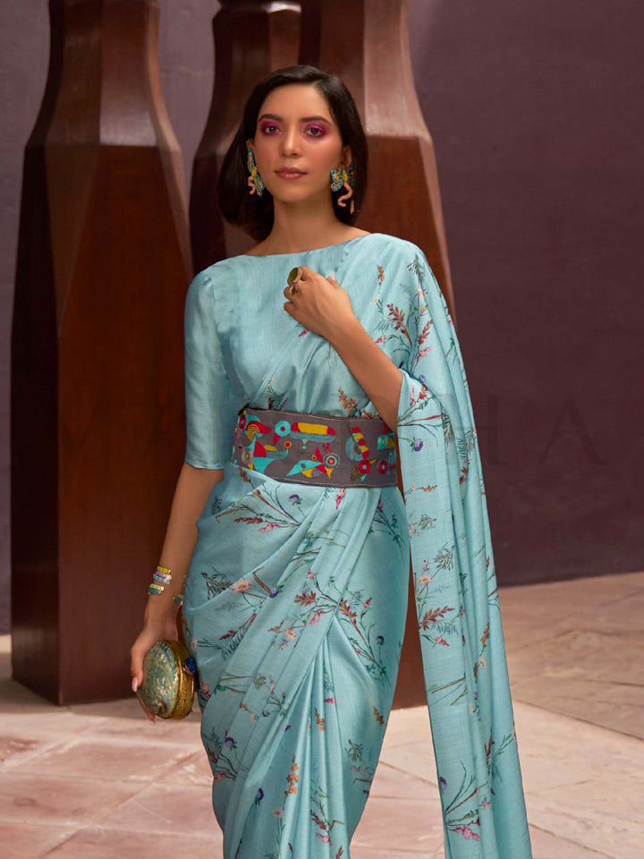 This Ice Blue–Multi Satin Crepe saree showcases stunning digital floral print that enhances its party-ready drape. Digitally crafted floral elegance for day-to-night ethnic wear. SKU 260006. This Ice Blue–Multi Satin Crepe saree showcases stunning digital floral print that enhances its party-ready drape. Digitally crafted floral elegance for day-to-night ethnic wear. SKU 260006.