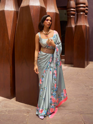 This Sea Green–Rose Blue Satin Crepe saree showcases stunning digital floral print that enhances its party-ready drape. Digitally crafted floral elegance for day-to-night ethnic wear. SKU 260007. This Sea Green–Rose Blue Satin Crepe saree showcases stunning digital floral print that enhances its party-ready drape. Digitally crafted floral elegance for day-to-night ethnic wear. SKU 260007.