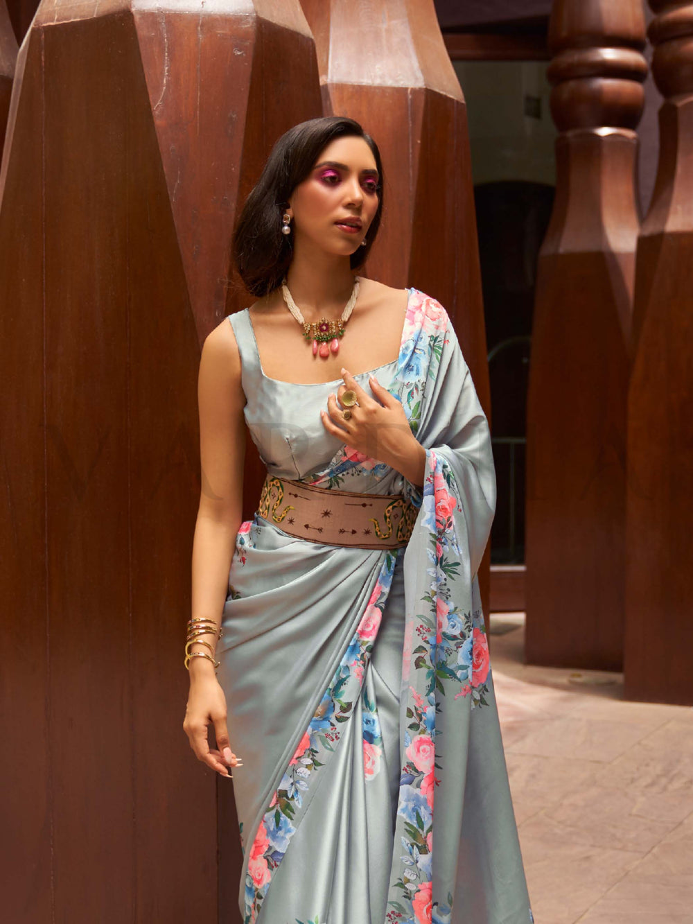 This Sea Green–Rose Blue Satin Crepe saree showcases stunning digital floral print that enhances its party-ready drape. Digitally crafted floral elegance for day-to-night ethnic wear. SKU 260007. This Sea Green–Rose Blue Satin Crepe saree showcases stunning digital floral print that enhances its party-ready drape. Digitally crafted floral elegance for day-to-night ethnic wear. SKU 260007.