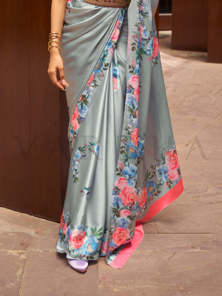 This Sea Green–Rose Blue Satin Crepe saree showcases stunning digital floral print that enhances its party-ready drape. Digitally crafted floral elegance for day-to-night ethnic wear. SKU 260007. This Sea Green–Rose Blue Satin Crepe saree showcases stunning digital floral print that enhances its party-ready drape. Digitally crafted floral elegance for day-to-night ethnic wear. SKU 260007.