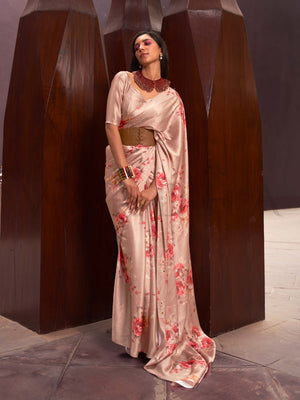 This Champagne Beige–Blush Red Satin Crepe saree showcases stunning digital floral print that enhances its party-ready drape. Digitally crafted floral elegance for day-to-night ethnic wear. SKU 260009. This Champagne Beige–Blush Red Satin Crepe saree showcases stunning digital floral print that enhances its party-ready drape. Digitally crafted floral elegance for day-to-night ethnic wear. SKU 260009.
