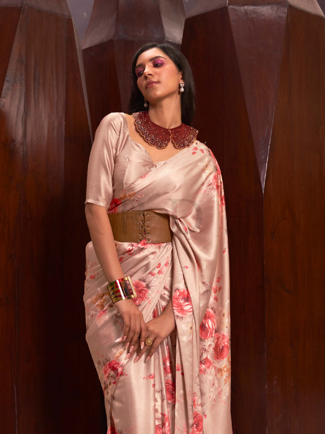 This Champagne Beige–Blush Red Satin Crepe saree showcases stunning digital floral print that enhances its party-ready drape. Digitally crafted floral elegance for day-to-night ethnic wear. SKU 260009. This Champagne Beige–Blush Red Satin Crepe saree showcases stunning digital floral print that enhances its party-ready drape. Digitally crafted floral elegance for day-to-night ethnic wear. SKU 260009.