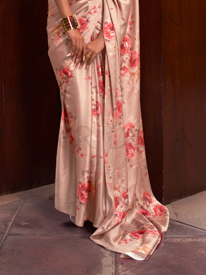 This Champagne Beige–Blush Red Satin Crepe saree showcases stunning digital floral print that enhances its party-ready drape. Digitally crafted floral elegance for day-to-night ethnic wear. SKU 260009. This Champagne Beige–Blush Red Satin Crepe saree showcases stunning digital floral print that enhances its party-ready drape. Digitally crafted floral elegance for day-to-night ethnic wear. SKU 260009.