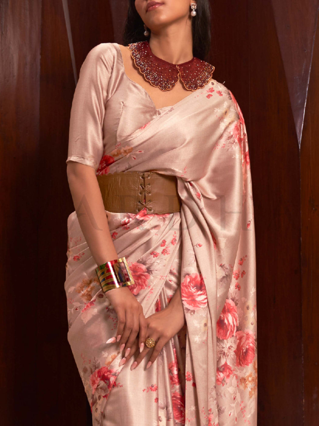 This Champagne Beige–Blush Red Satin Crepe saree showcases stunning digital floral print that enhances its party-ready drape. Digitally crafted floral elegance for day-to-night ethnic wear. SKU 260009. This Champagne Beige–Blush Red Satin Crepe saree showcases stunning digital floral print that enhances its party-ready drape. Digitally crafted floral elegance for day-to-night ethnic wear. SKU 260009.