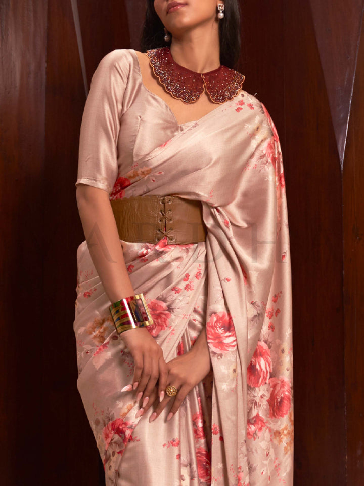 This Champagne Beige–Blush Red Satin Crepe saree showcases stunning digital floral print that enhances its party-ready drape. Digitally crafted floral elegance for day-to-night ethnic wear. SKU 260009. This Champagne Beige–Blush Red Satin Crepe saree showcases stunning digital floral print that enhances its party-ready drape. Digitally crafted floral elegance for day-to-night ethnic wear. SKU 260009.