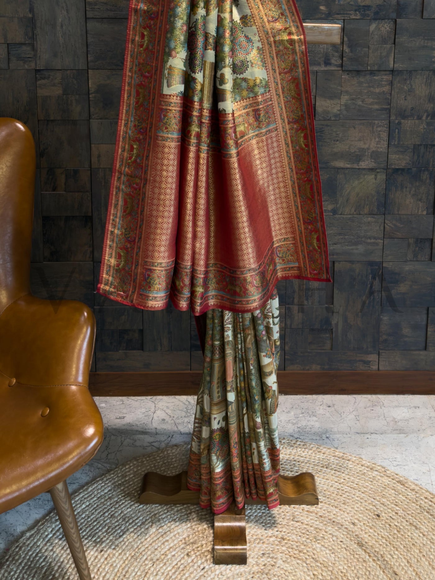 Off-White Mughal Motif Banarasi Katan Silk Saree with Red Tissue Blouse