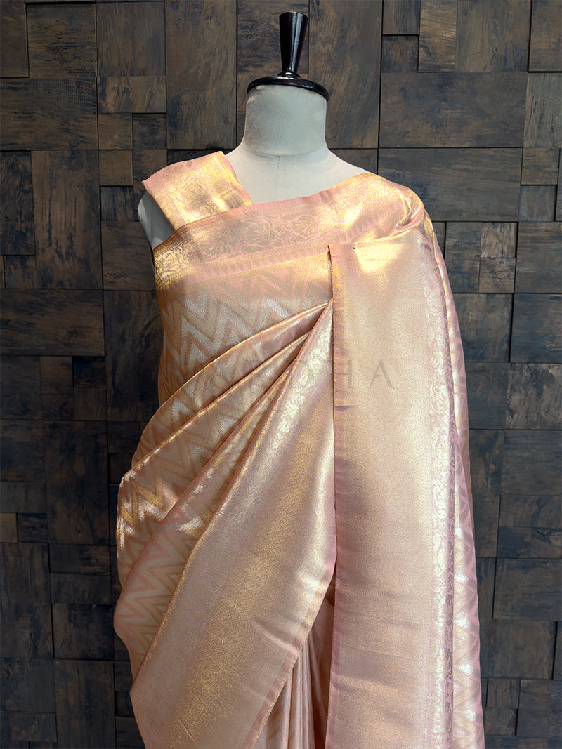 Pastel Peach Kanjivaram Tissue Silk Saree with Gold Zari Weave