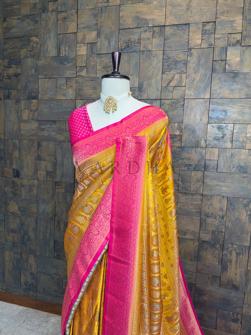 Yellow Pink Woven Kalamkari Art Silk Saree with Zari Work