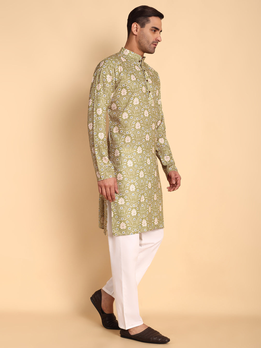 Traditional Green VineHeart Printed Men's Cotton Kurta