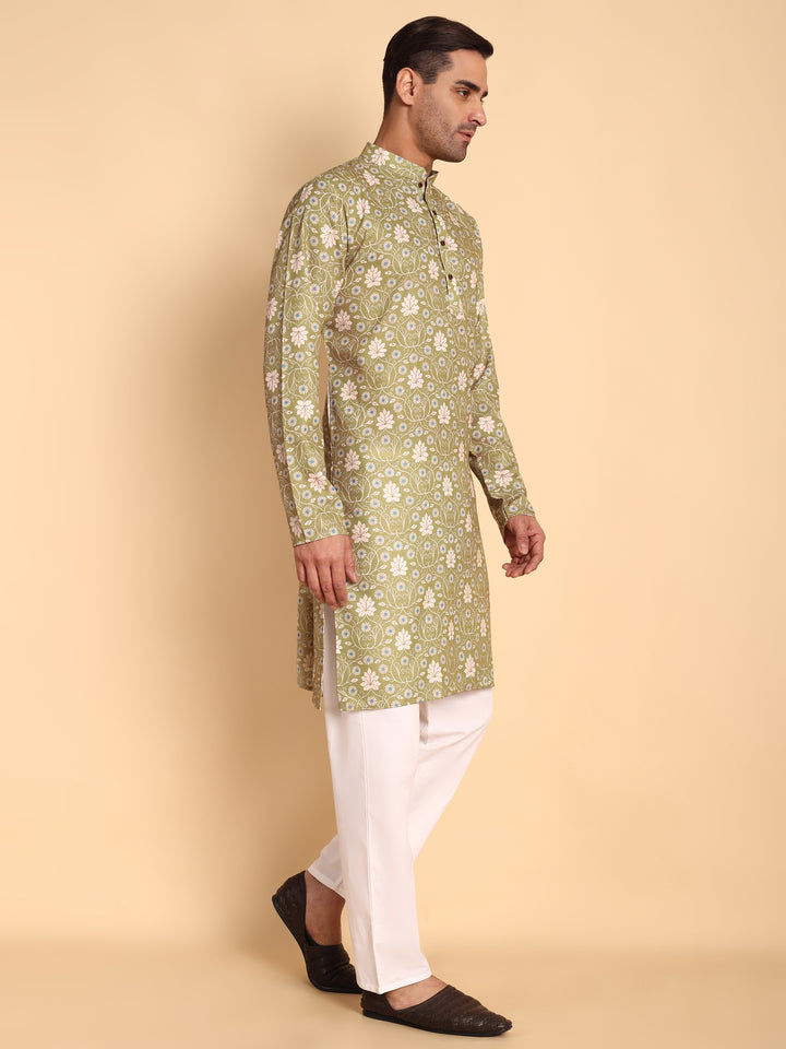 Traditional Green VineHeart Printed Men's Cotton Kurta