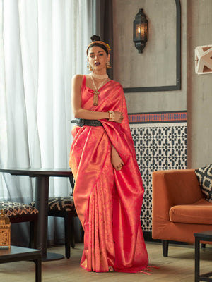 Coral Red–Sunset Orange kanjivaram silk saree with traditional zari motifs and bridal styling for grand events. Two-tone wedding saree in Coral Red–Sunset Orange with jacquard pallu and festive bridal drape.