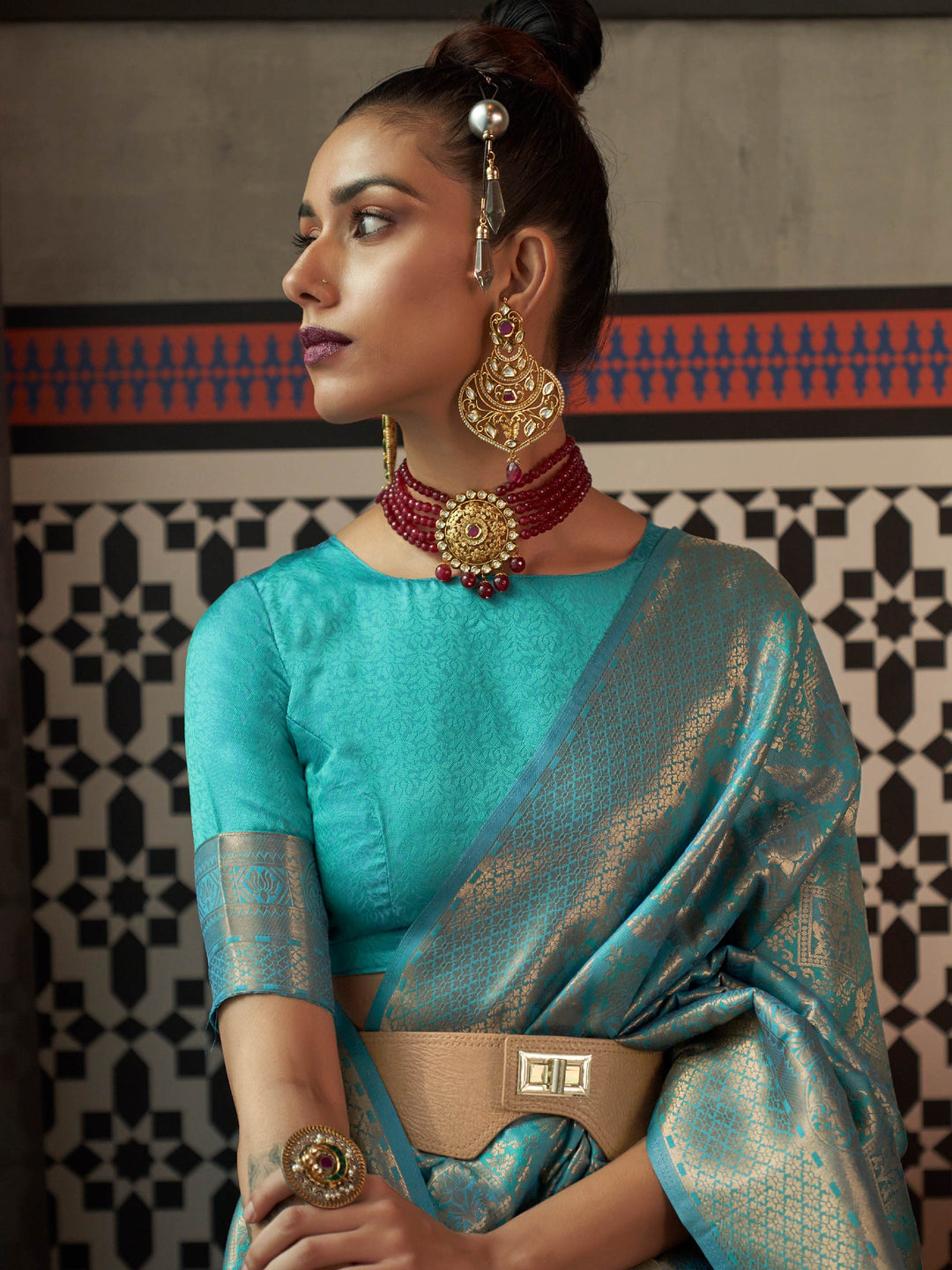 teal blue kanjivaram silk saree antique gold zari border saree